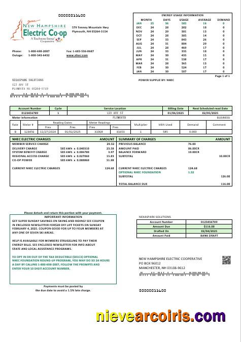 USA New Hampshire Electric Co-op electricity business utility bill